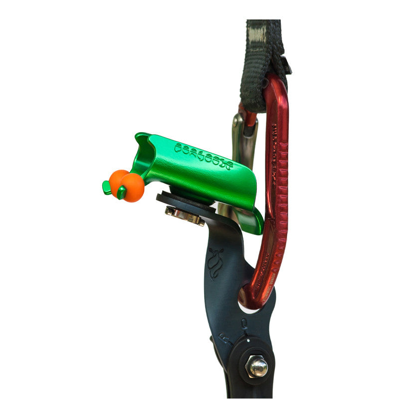Pongoose Climber 700 clipstick hung from quickdraw using hole in bracket to demonstrate hanging on a climbing harness.