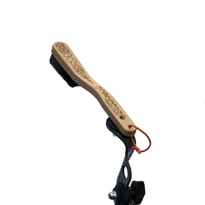 Pongoose Crimper-Dimper climbing and bouldering brush image - manufactured in the UK with beech wood and horse hair bristles, and a unique laser etched design. Shown attached to clipstick, not included with brush.