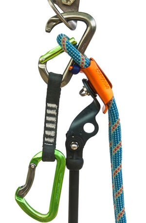 Photo of orange Pongoose Climber 700 using climbing rope to hold carabiner gate open to retrieve a quickdraw from a route.